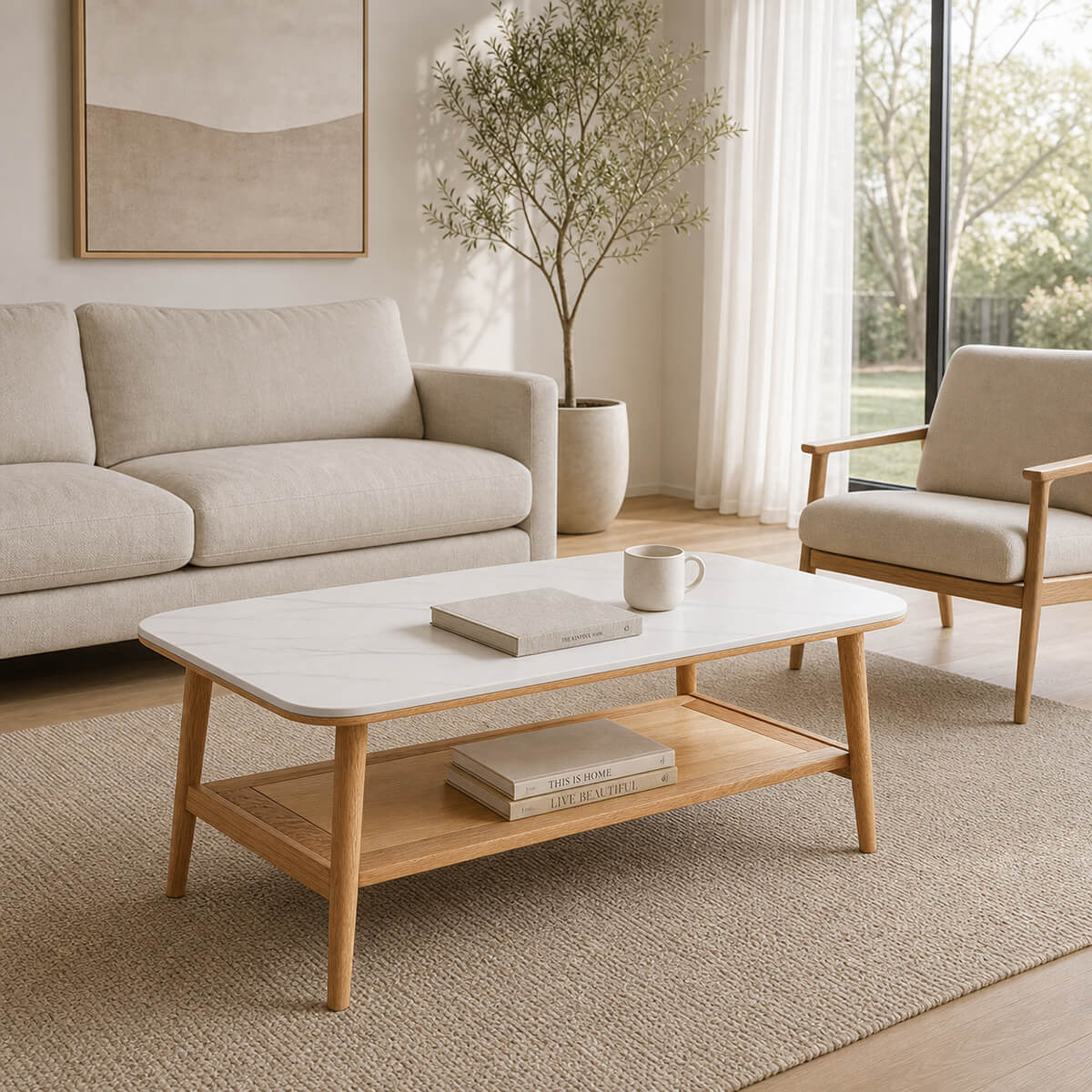 Harlow oak and sintered stone coffee table in a modern living room