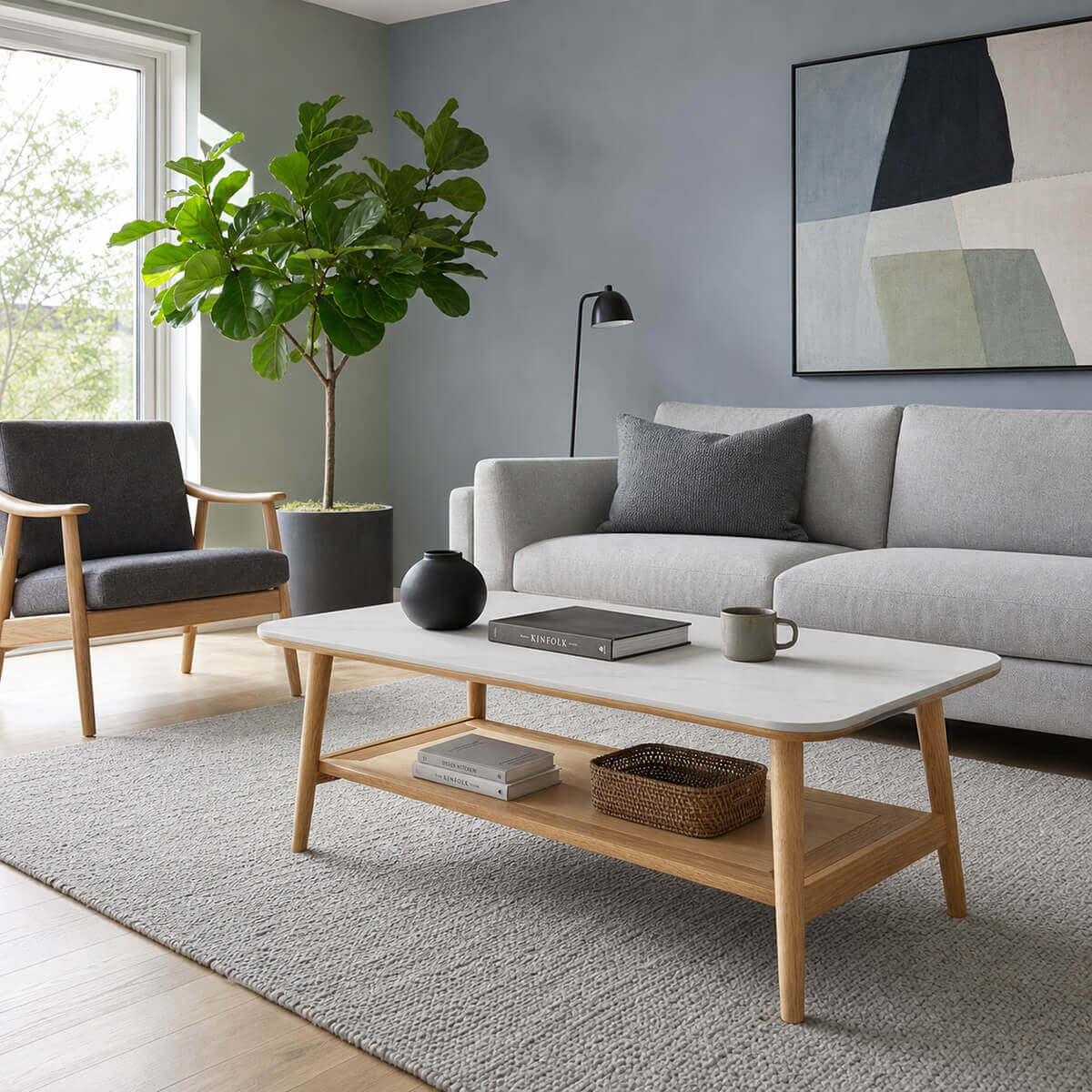 Harlow oak and sintered stone coffee table in a Scandinavian living room