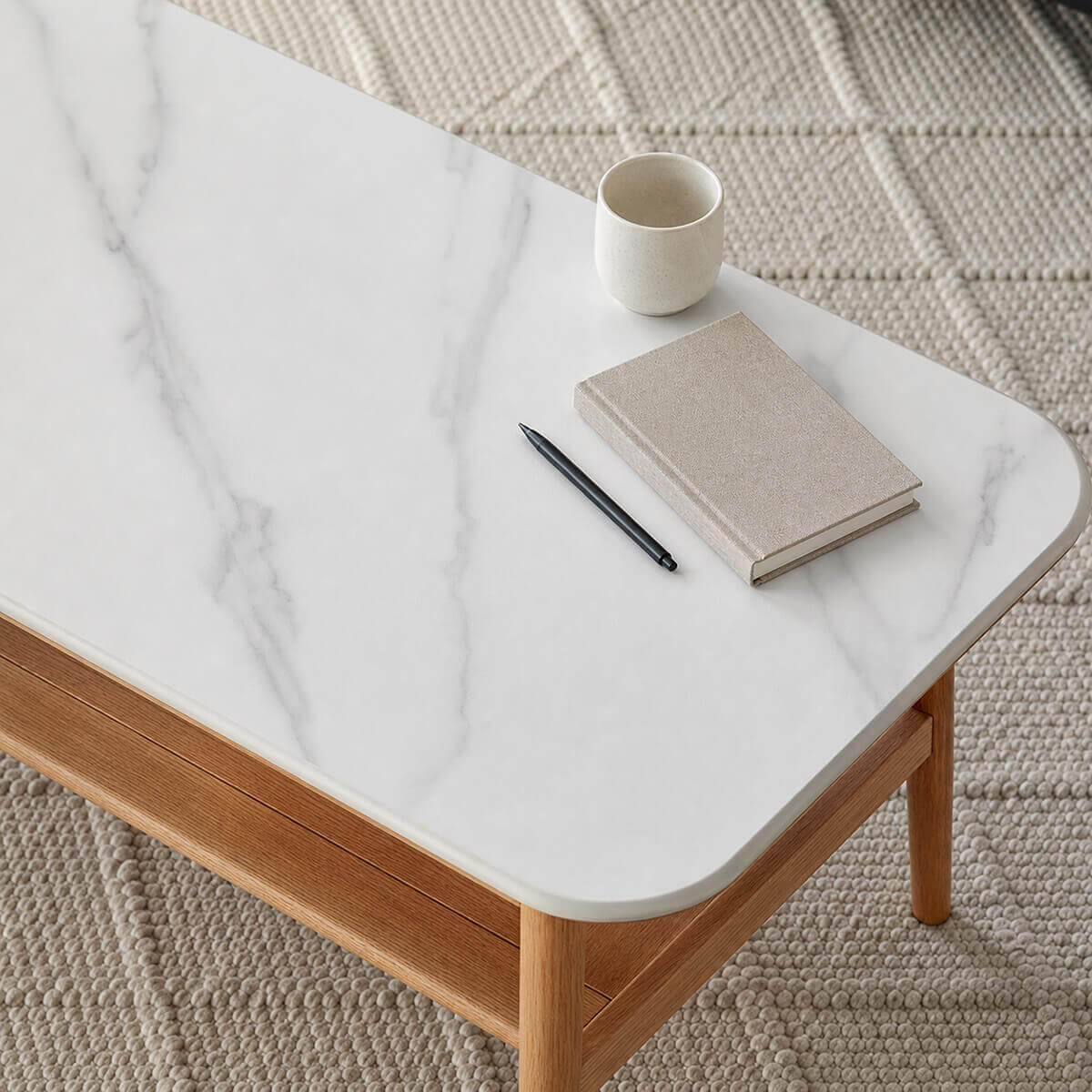 Close-up of the Harlow sintered stone coffee table top