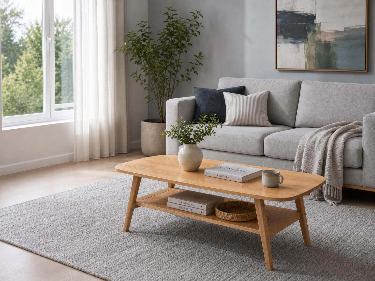 Harlow Solid Oak Coffee Table in a modern lounge setting