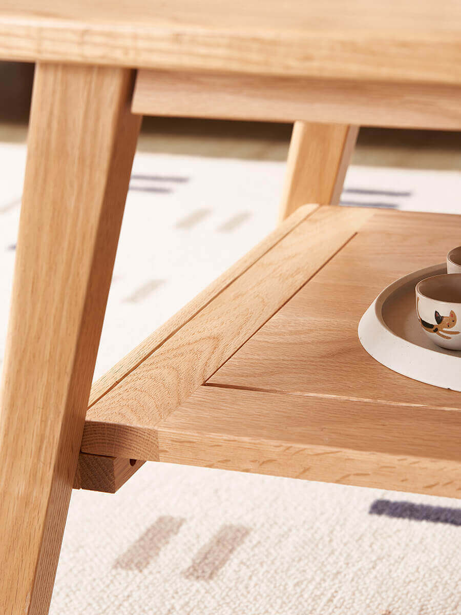 Detail of the Harlow Solid Oak Coffee Table lower shelf and joinery
