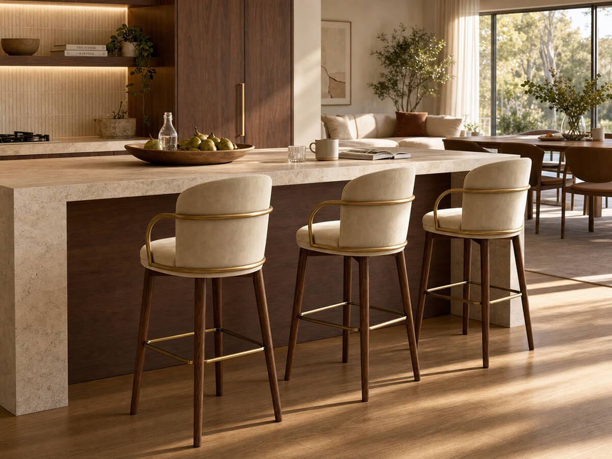 Harrington Bar Stool beige upholstery set around kitchen island