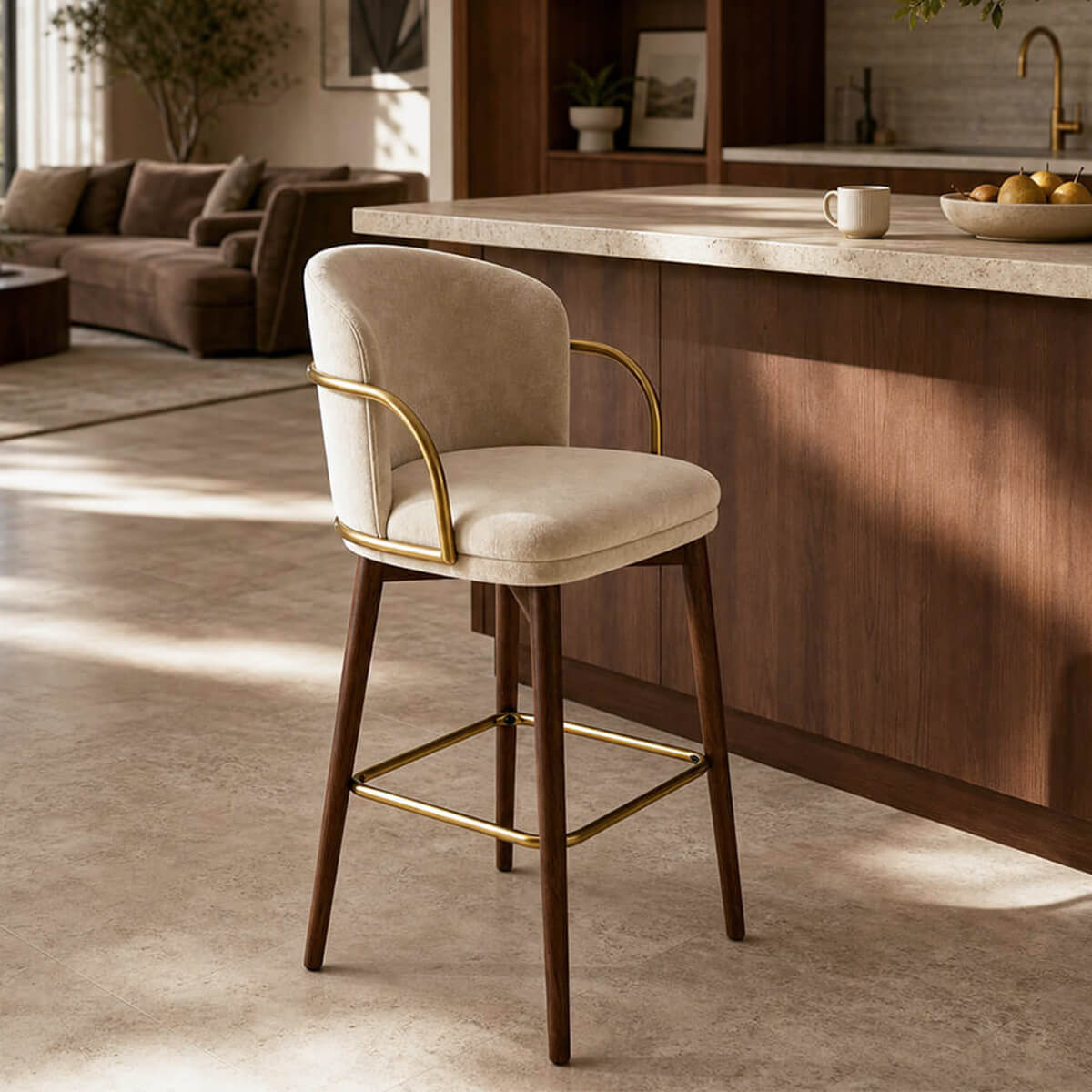 Harrington Bar Stool with beige upholstery and brass frame