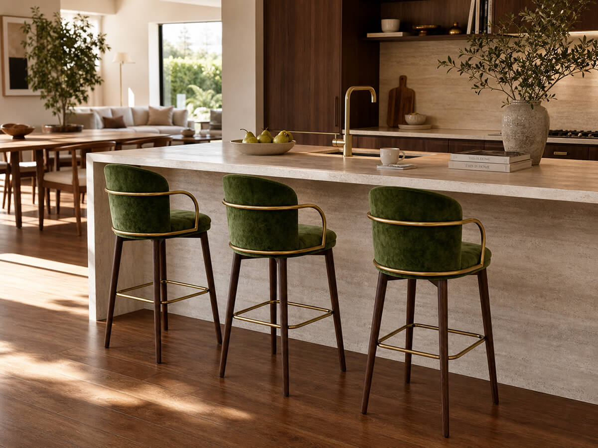 Harrington Bar Stool green upholstery set around kitchen island