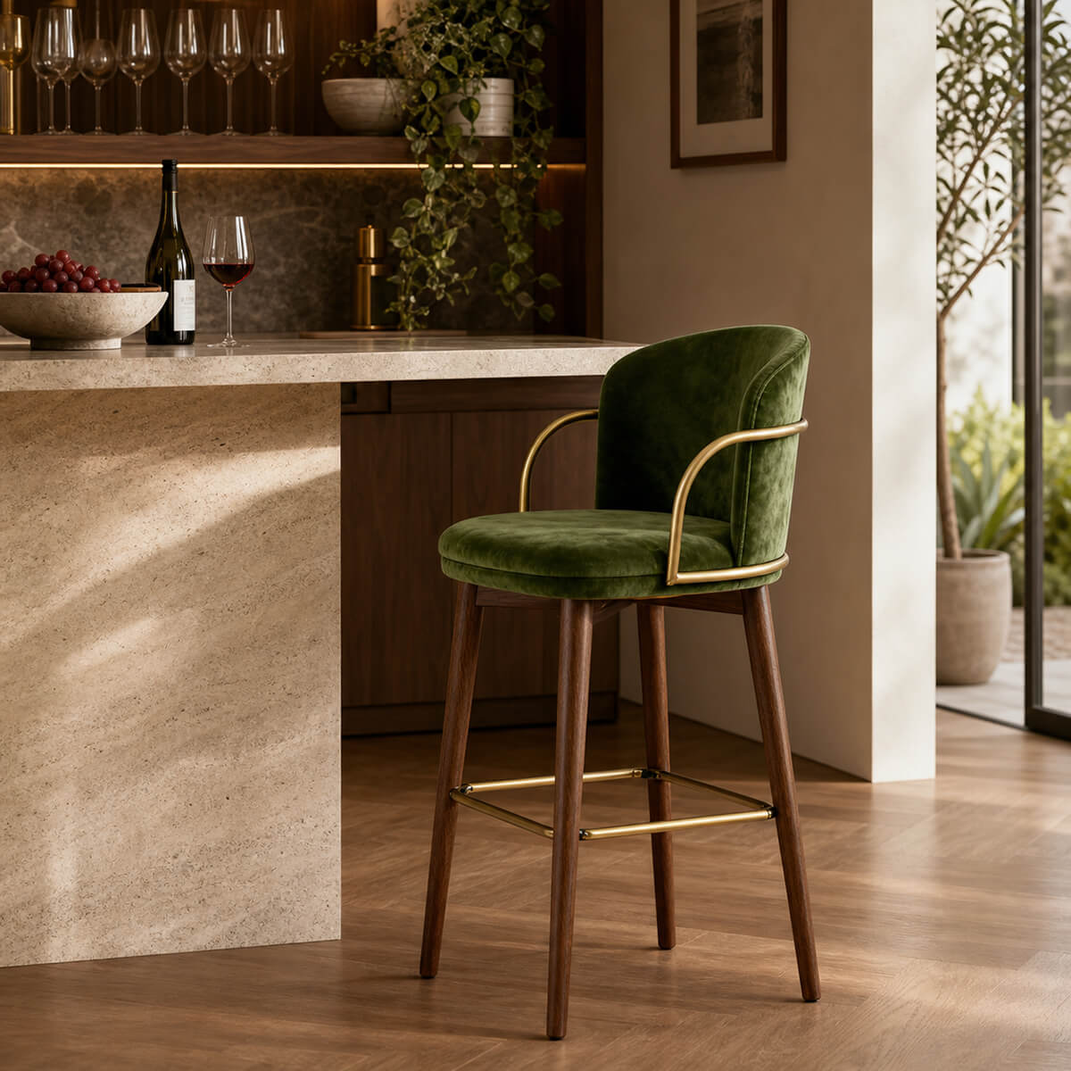 Harrington Bar Stool with green upholstery in modern interior