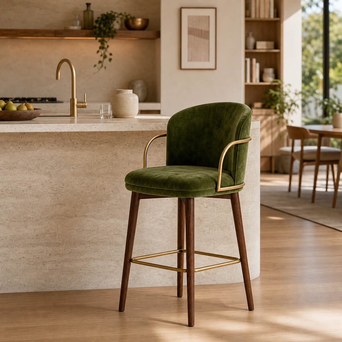 Harrington Bar Stool with green upholstered seat and curved armrest