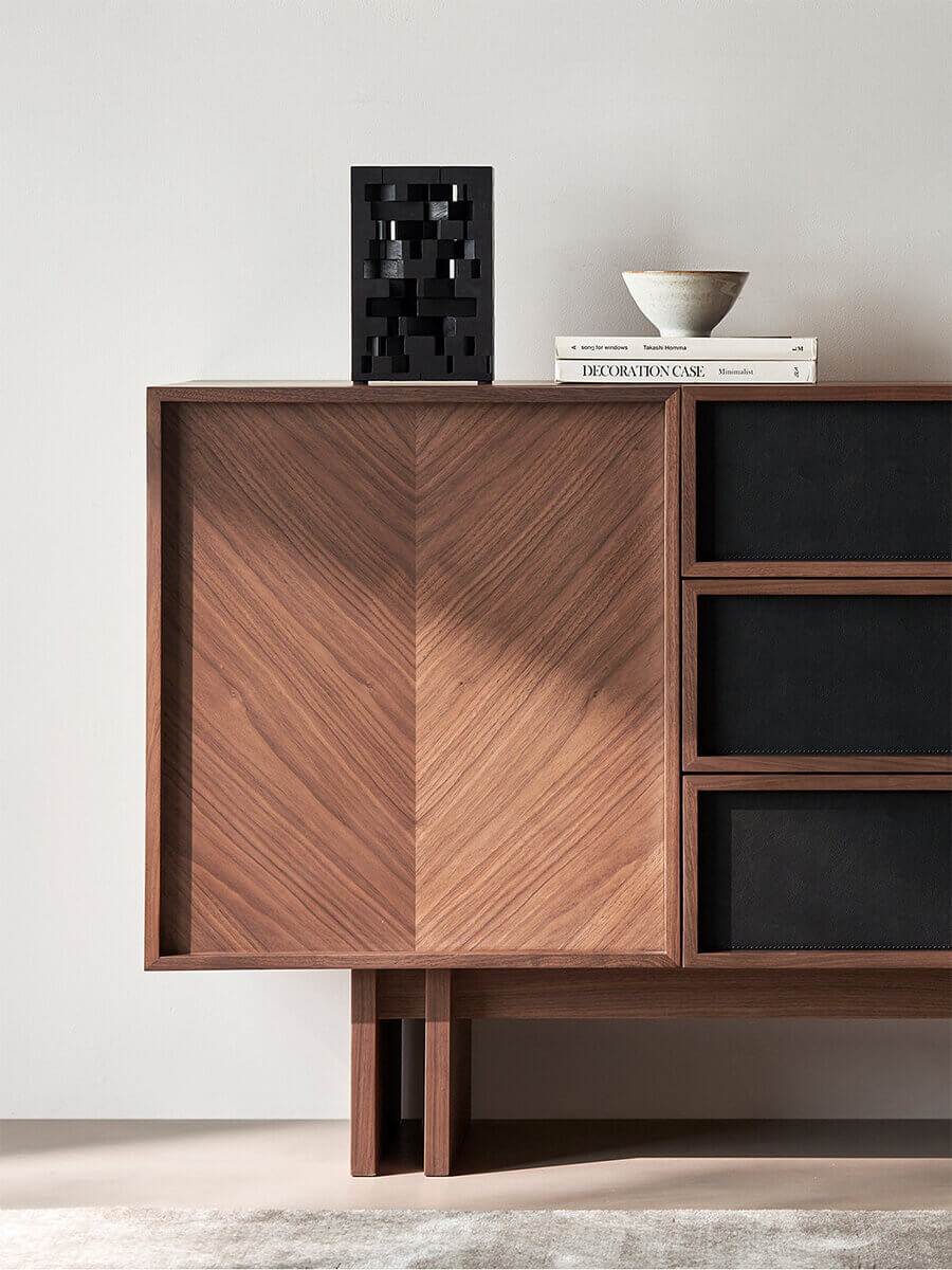 Bookmatch walnut veneer cabinet door detail on Hayley sideboard