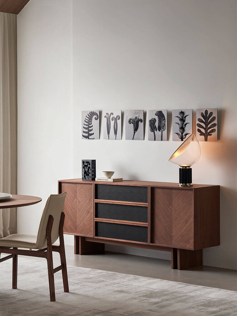 Hayley walnut sideboard styled in modern dining room