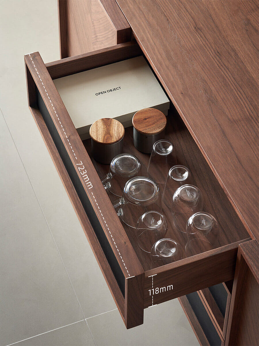 Spacious drawer storage inside Hayley walnut sideboard