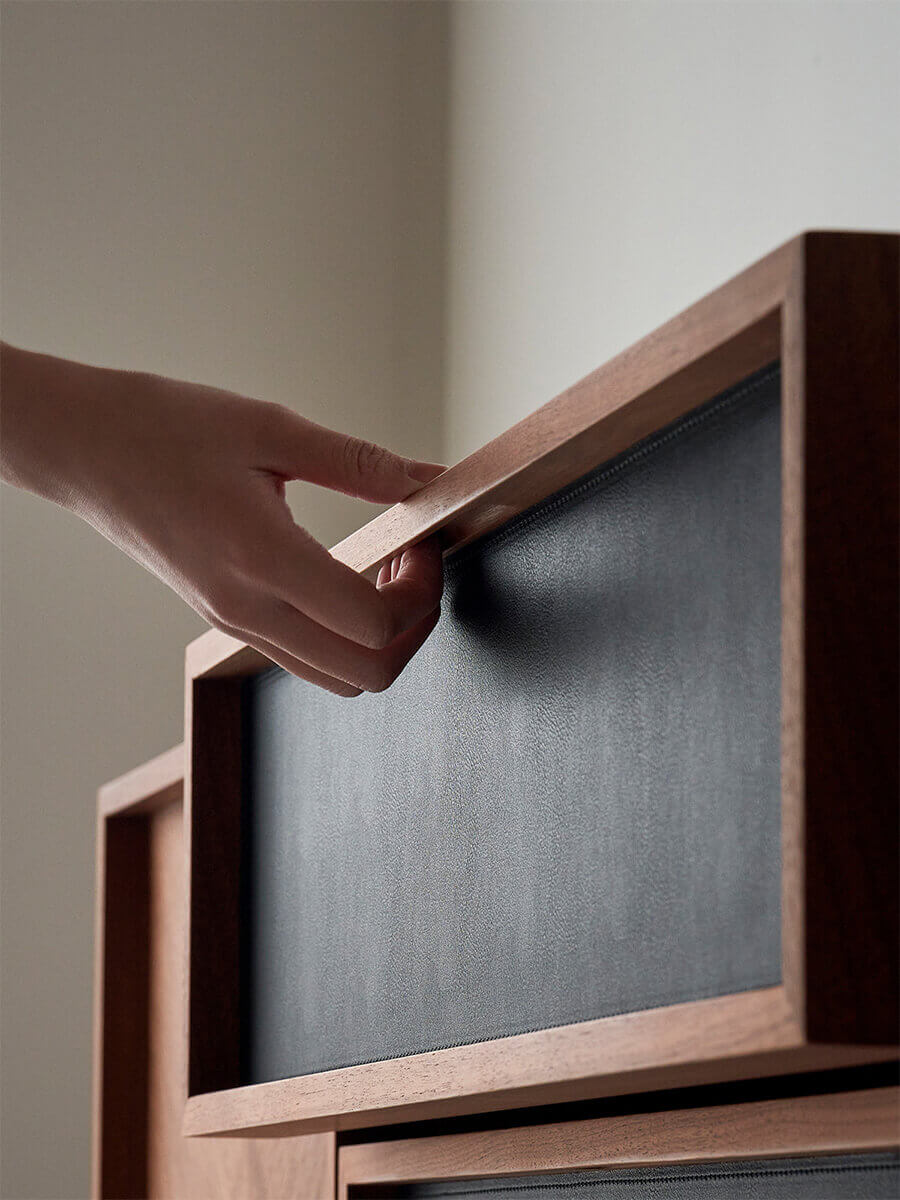 Integrated saddle leather drawer pull detail on Hayley sideboard