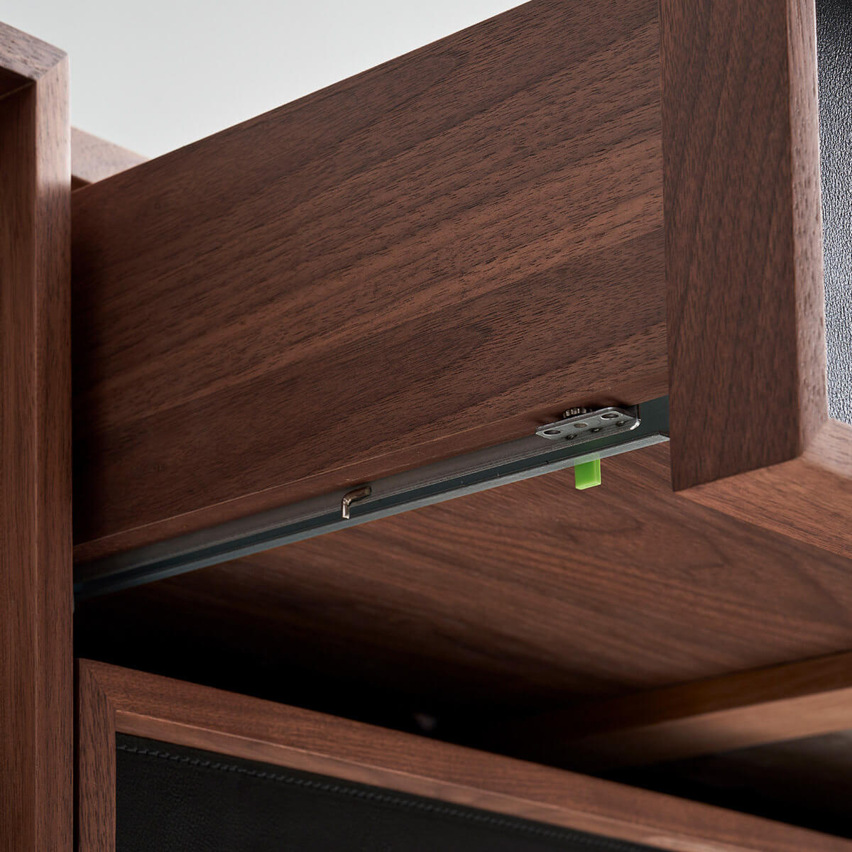Soft-close hardware detail inside Hayley walnut sideboard