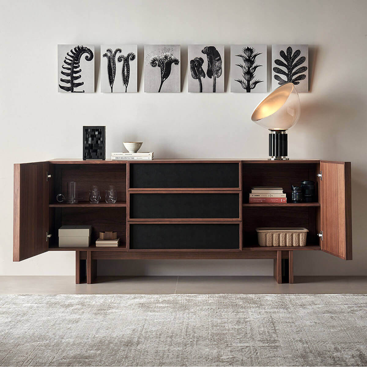 Hayley walnut sideboard showing internal storage compartments and shelves