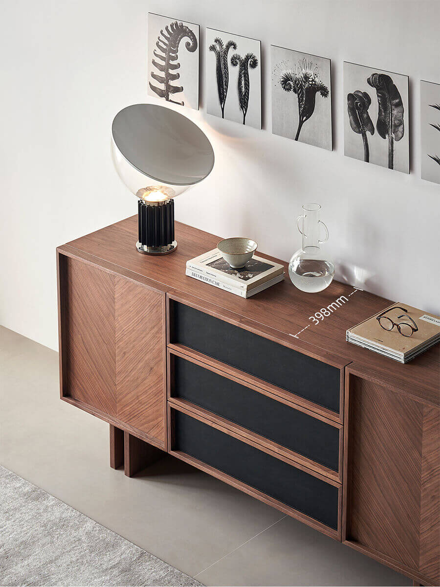 Top view of Hayley walnut sideboard showing saddle leather drawer fronts