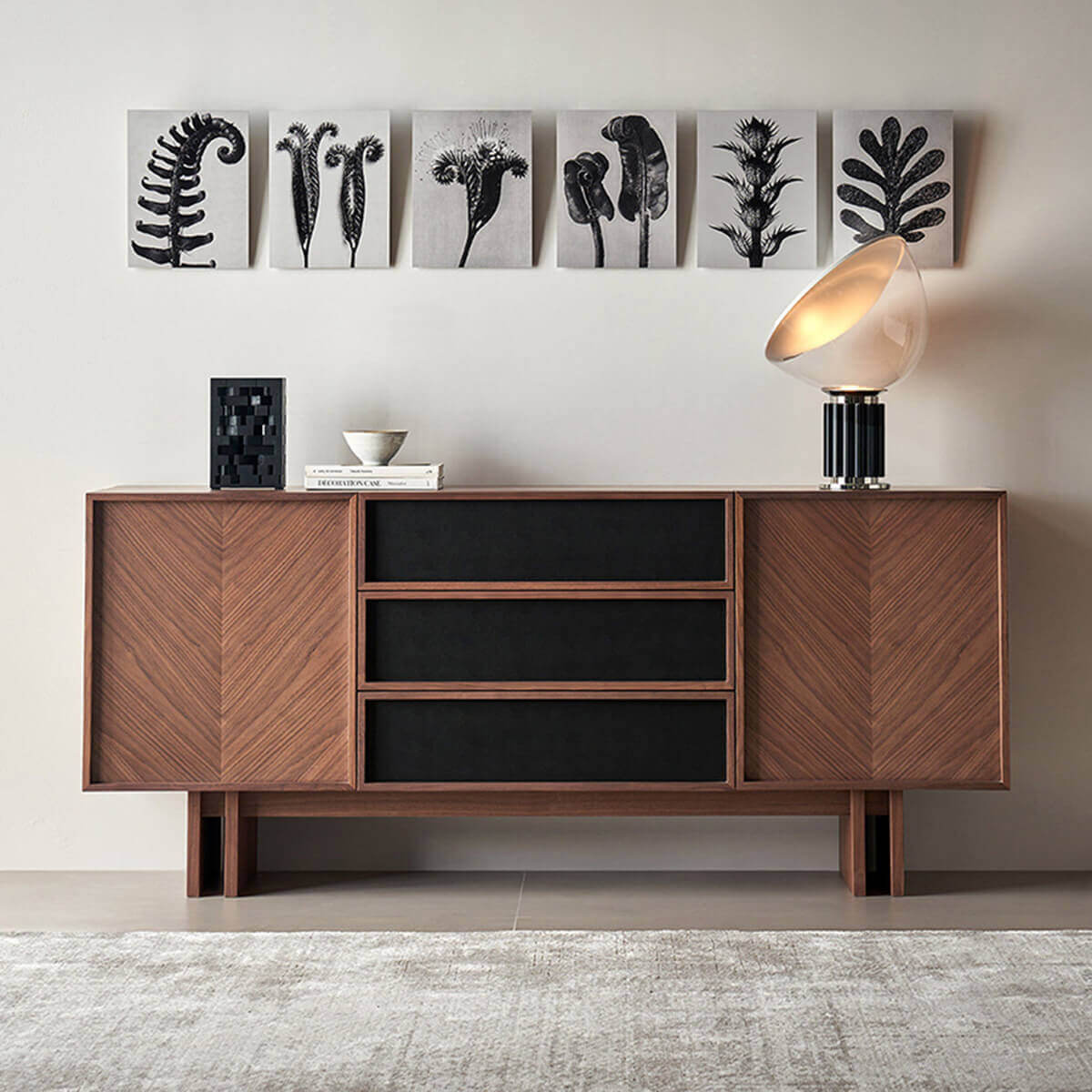 Hayley walnut sideboard with saddle leather drawers in contemporary dining room