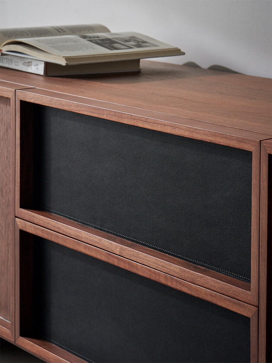 Hayley Walnut TV Unit black saddle leather drawer fronts