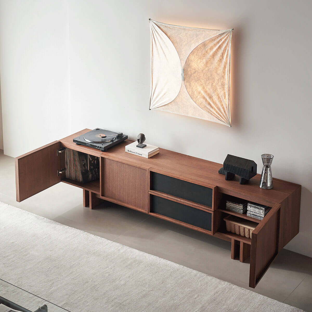 Hayley Walnut TV Unit with doors open showing storage compartments