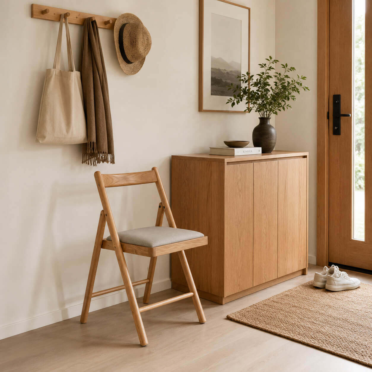 Hedrich solid oak folding chair in a modern Scandinavian entryway