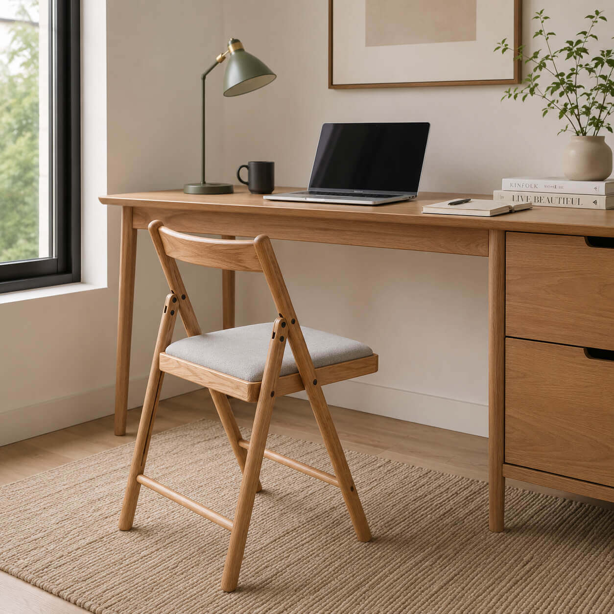 Hedrich solid oak folding chair used as a home office chair in a Scandinavian workspace