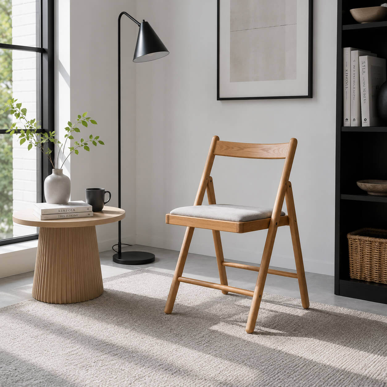 Hedrich solid oak folding chair in a minimalist reading corner