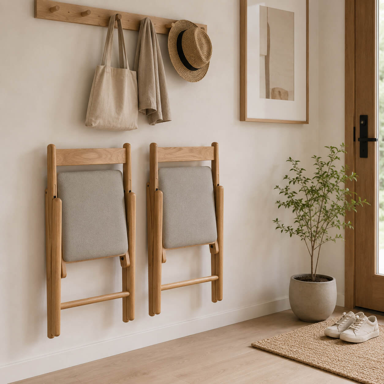 Two Hedrich solid oak folding chairs mounted on a wall for space-saving storage