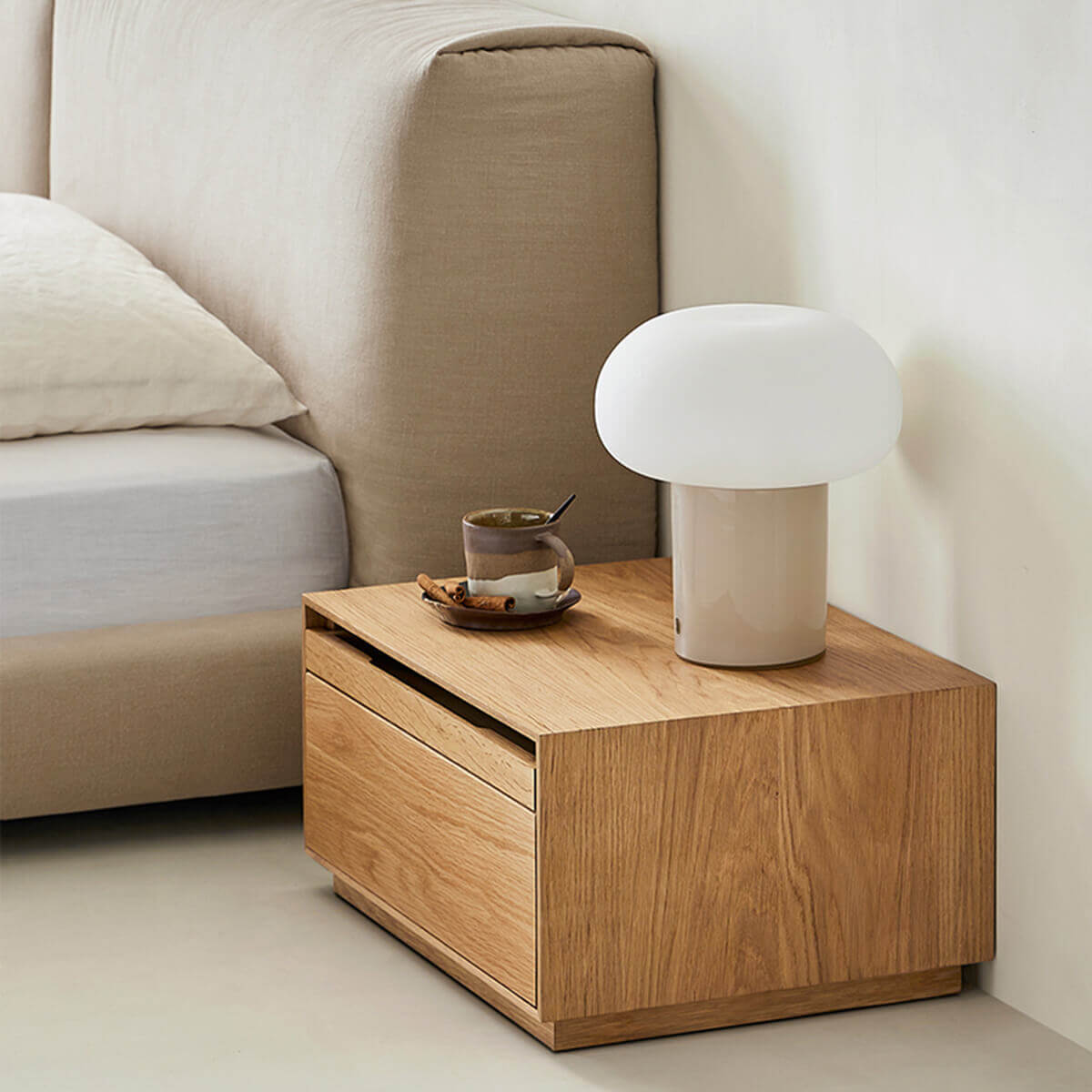 Close-up of Heidelberg oak bedside table