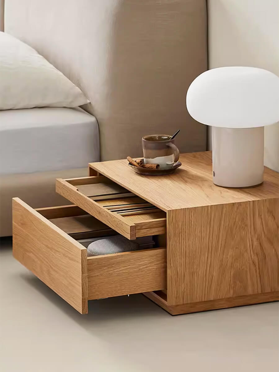 Heidelberg bedside table with removable tray and drawers open