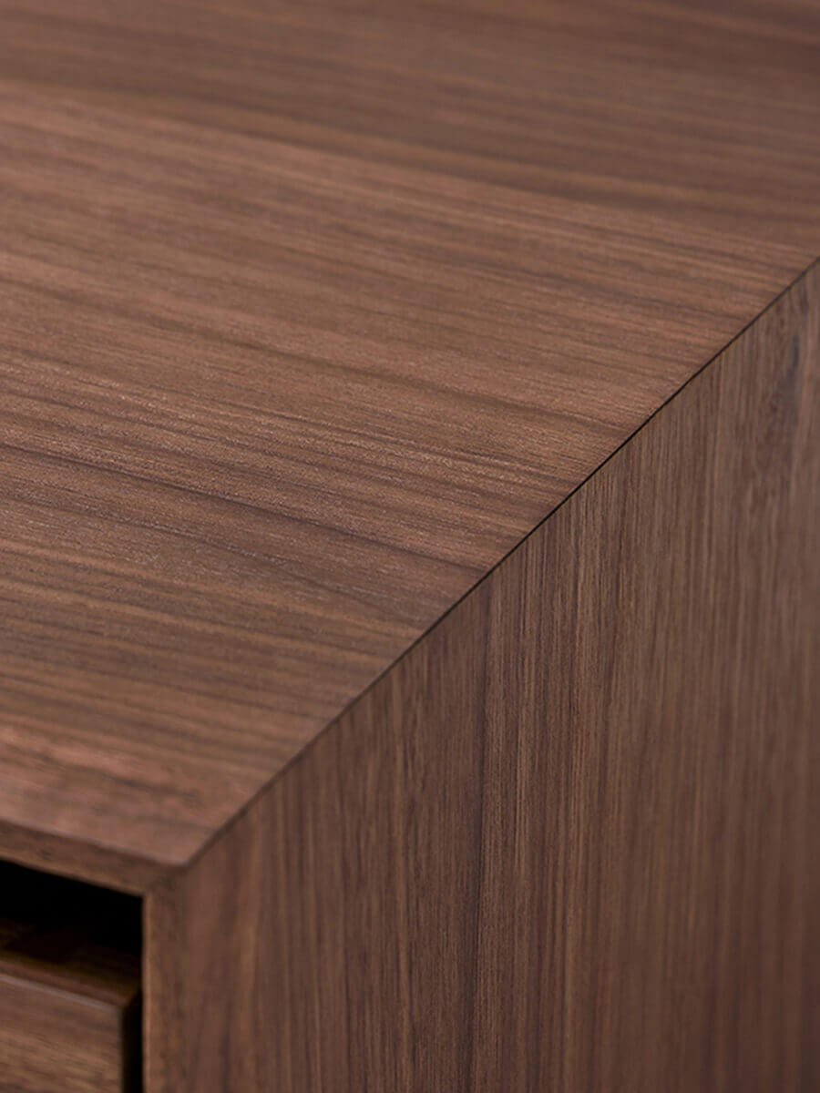 Walnut finish grain detail of Heidelberg bedside table