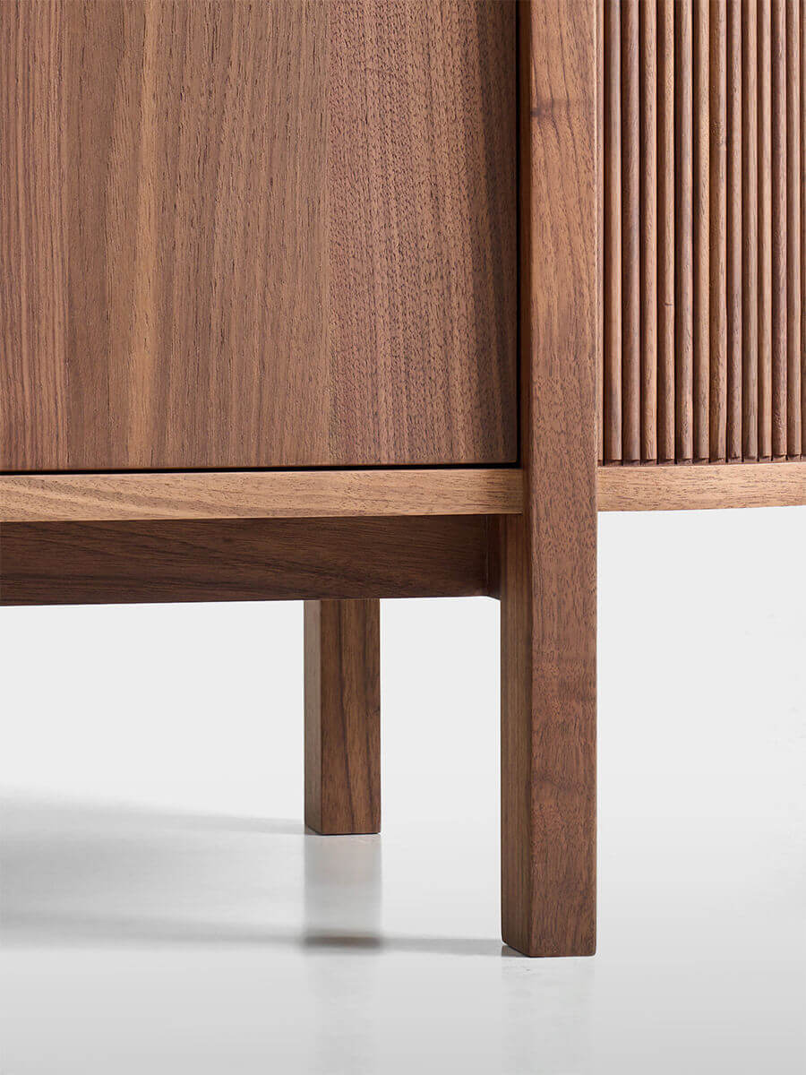 Solid walnut leg detail of the Heidelberg Walnut Tambour Sideboard