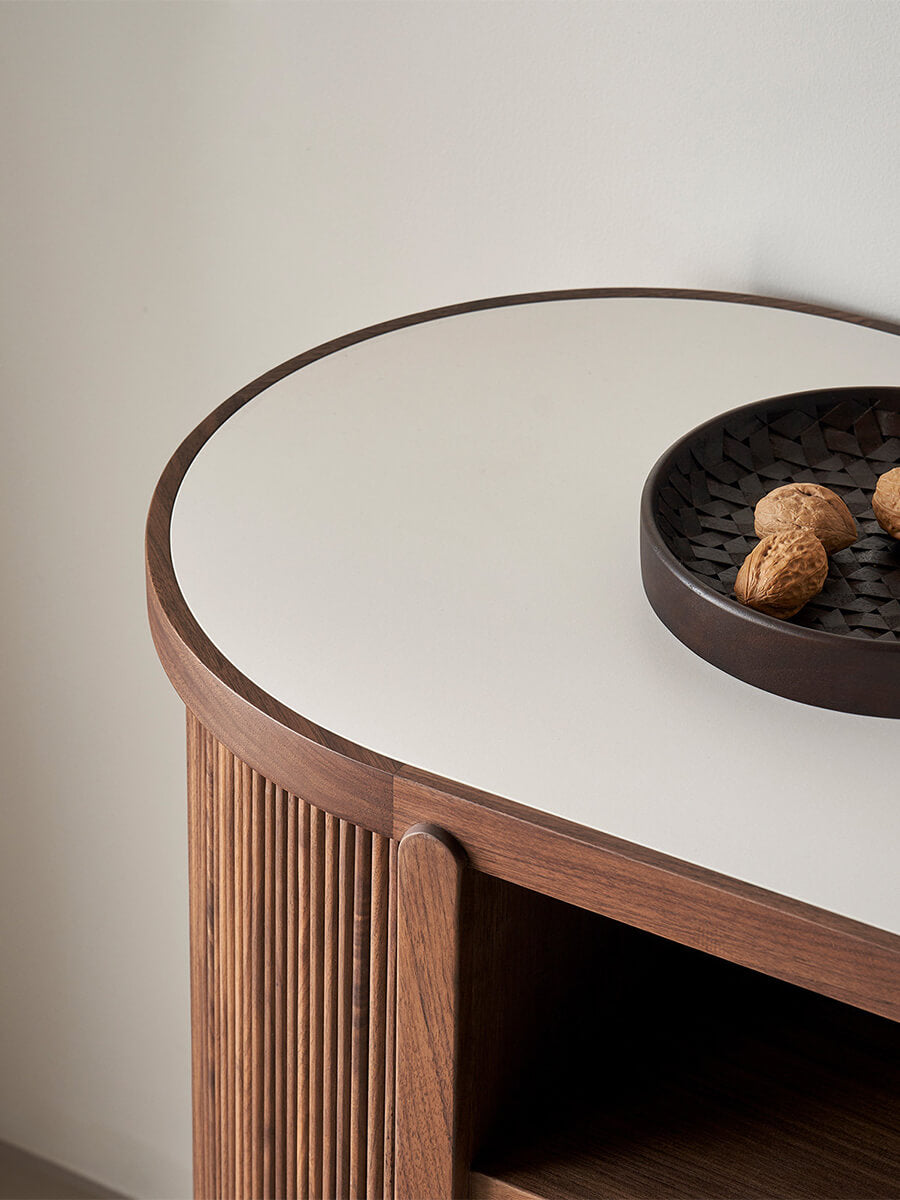 Pearl white sintered stone top detail of the Heidelberg Sideboard