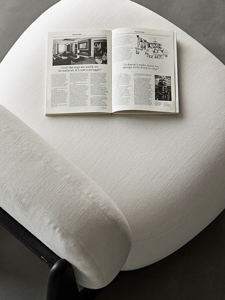 Close-up of the cotton-linen blend upholstered seat on the Hetty Designer Stool
