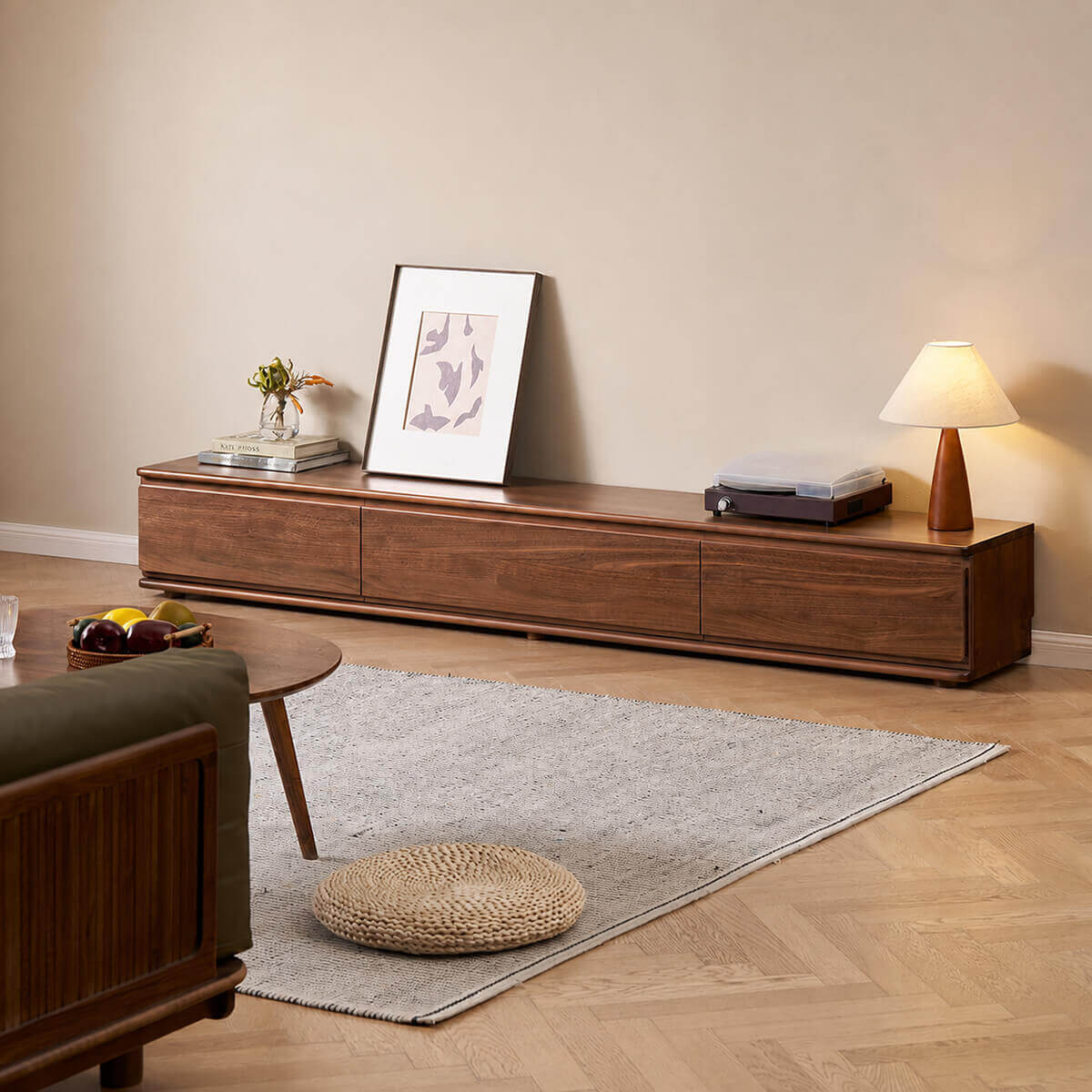 Hoswell Solid Walnut TV Unit in contemporary living room