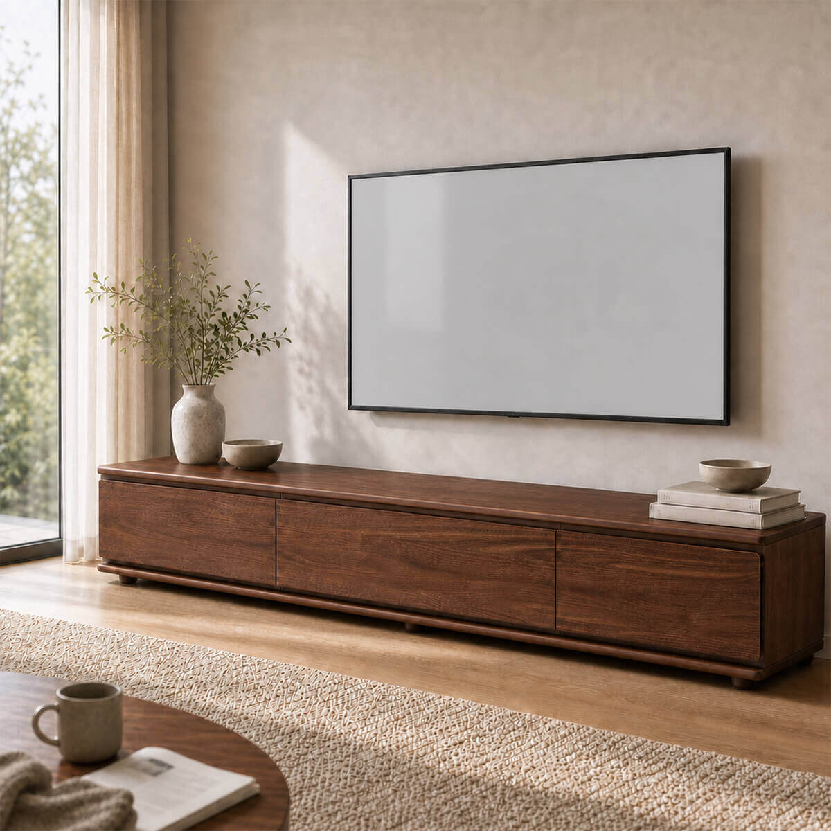 Hoswell Solid Walnut TV Unit in contemporary living room