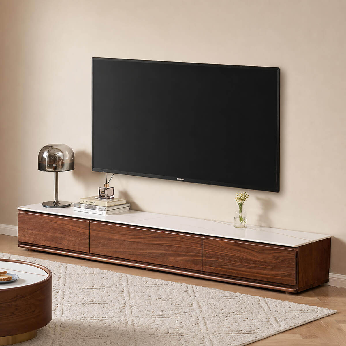 Hoswell Solid Walnut TV Unit styled in modern living room