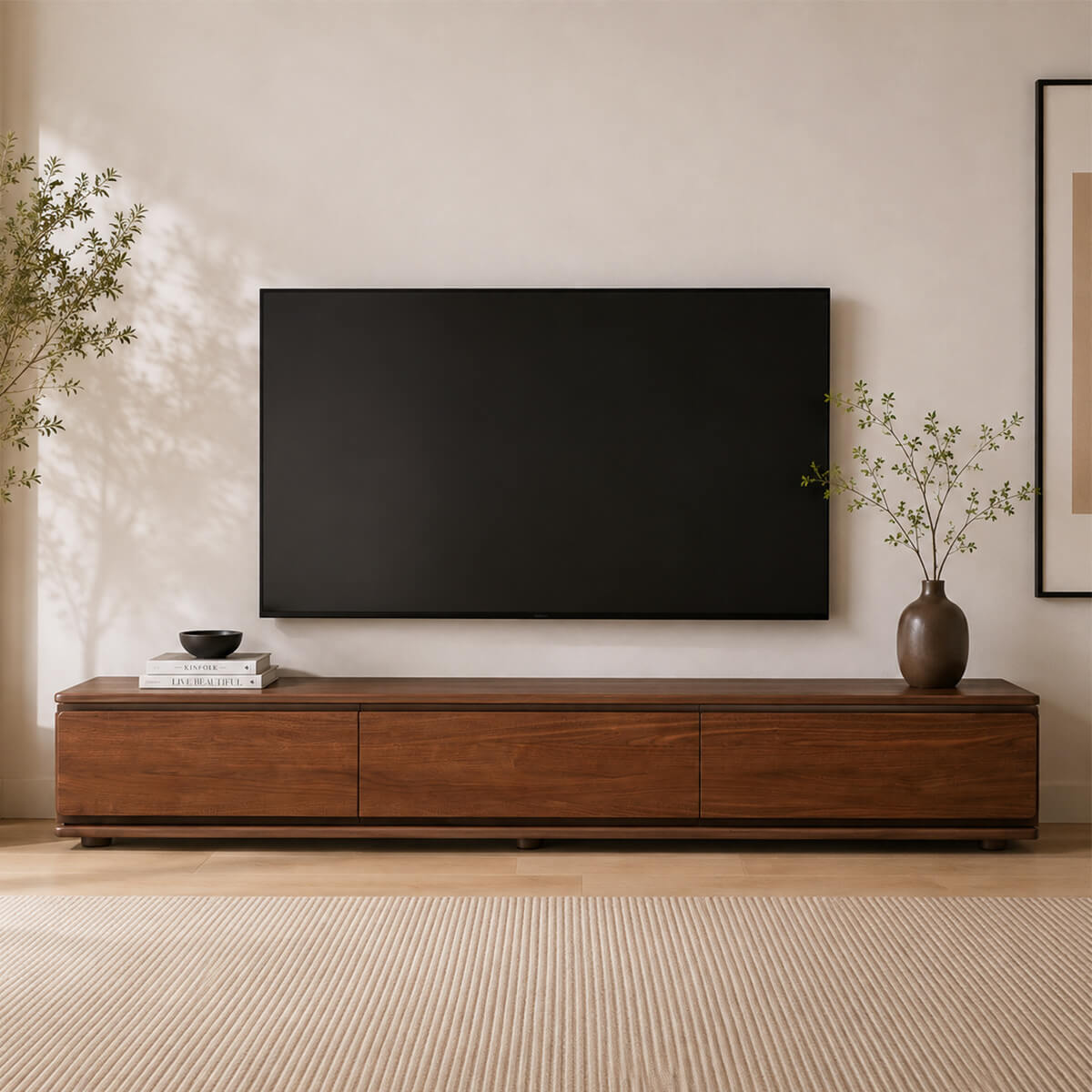 Hoswell walnut TV cabinet with wall-mounted television