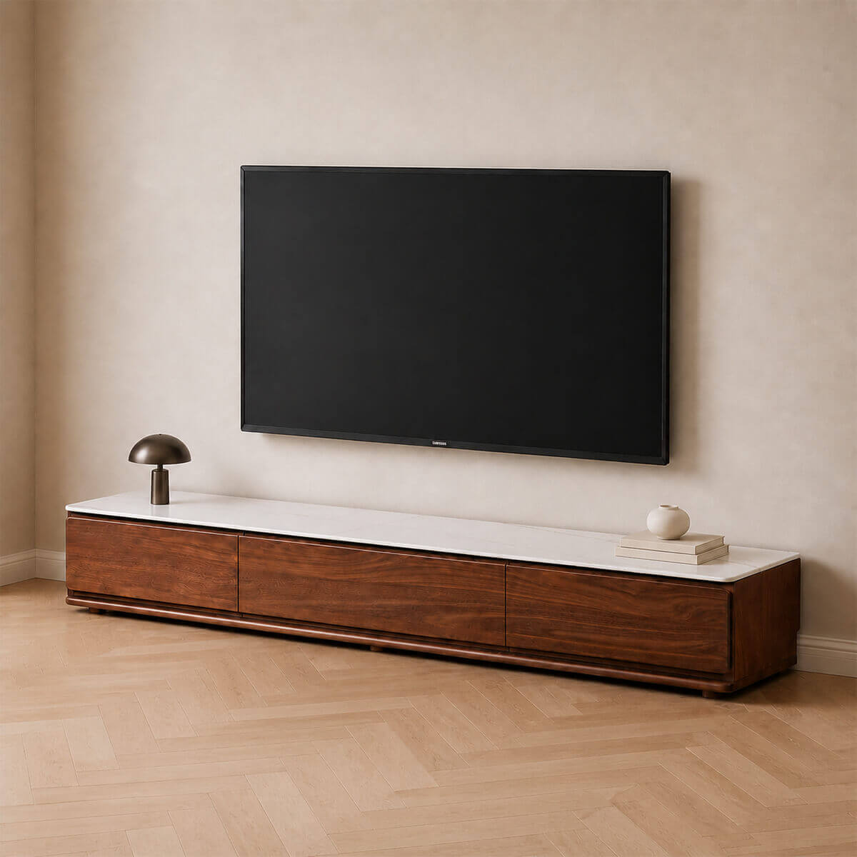 Hoswell walnut TV unit with white sintered stone top