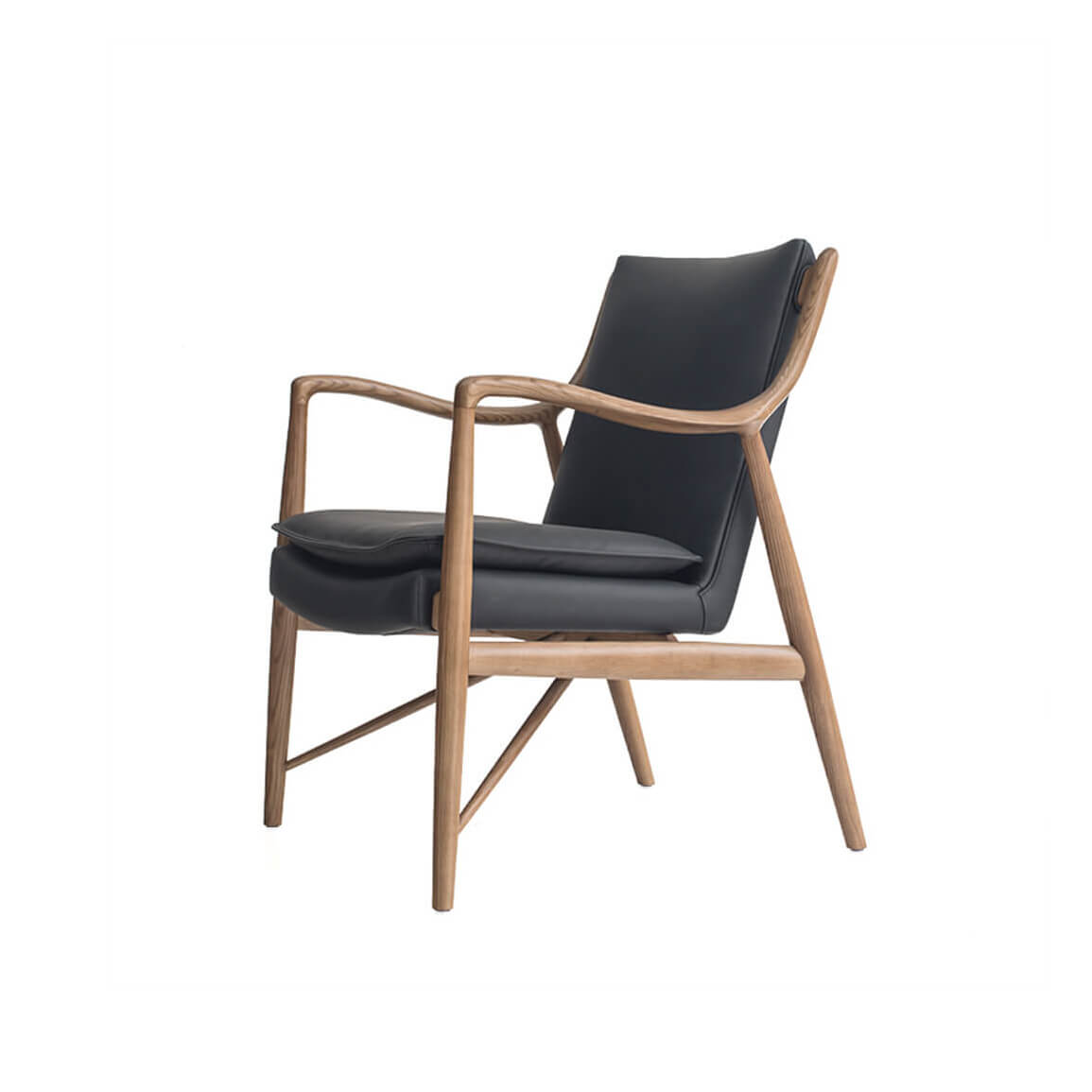 Hult armchair front angle view with leather upholstery and ash frame