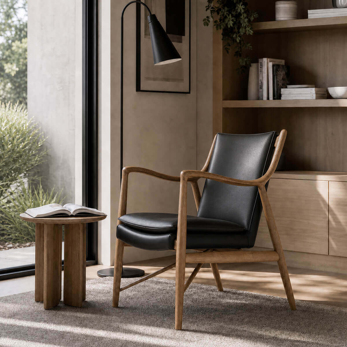 Hult armchair with top-grain leather upholstery and solid ash frame