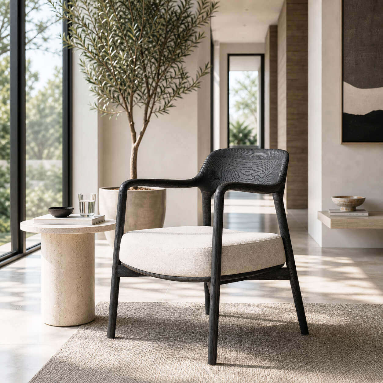 Black Kyra armchair with sculptural timber frame in a modern interior