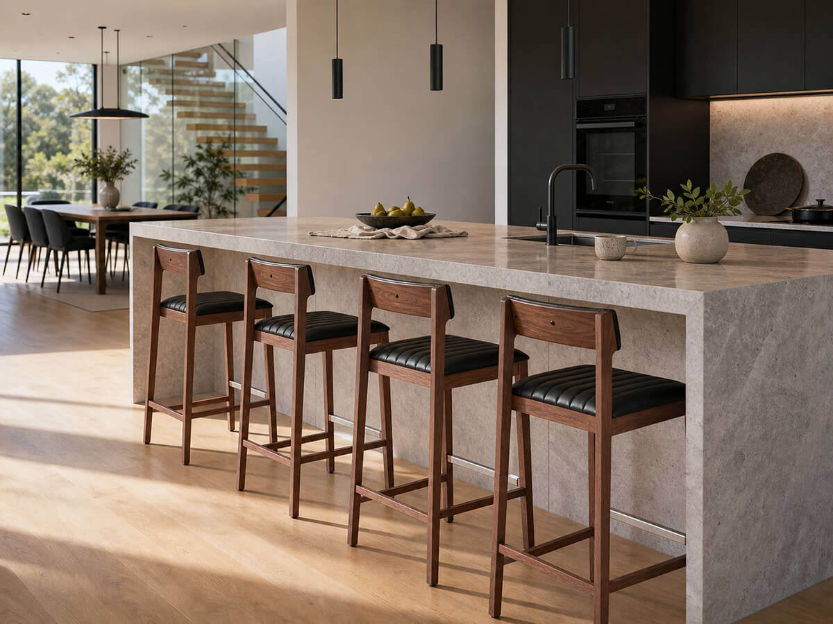 Jackson timber bar stools arranged around kitchen island