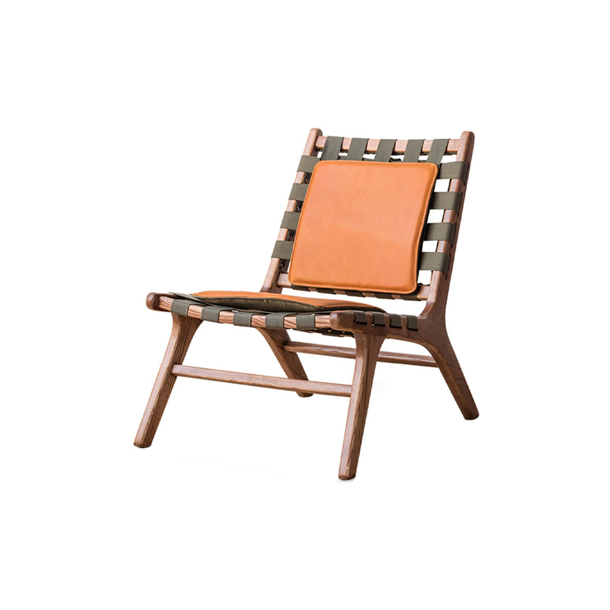Julian Armchair featuring a solid American ash wood frame, woven canvas support and leather cushion