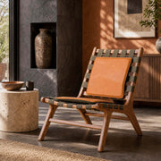 Julian Armchair with solid American ash wood frame, woven canvas straps and genuine leather cushion