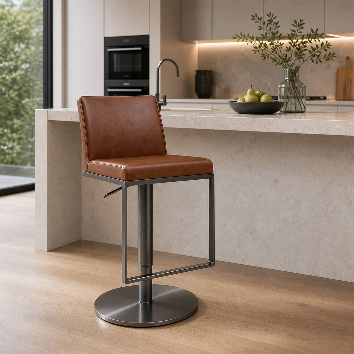 Karly Gas Lift Swivel Bar Stool in brown upholstery