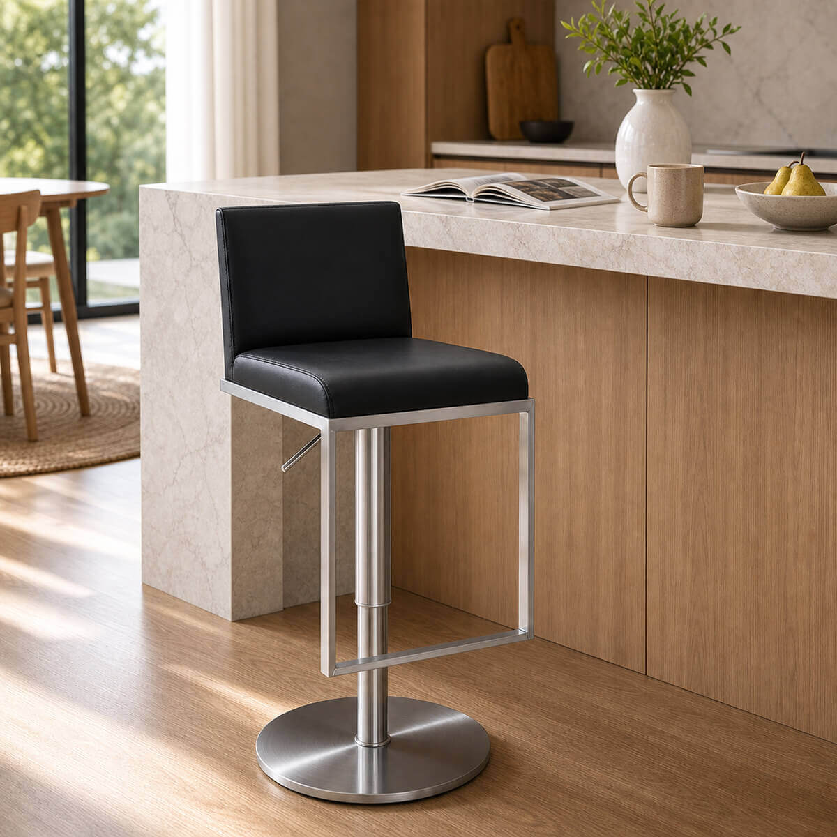 Karly Gas Lift Swivel Bar Stool beside a modern kitchen island