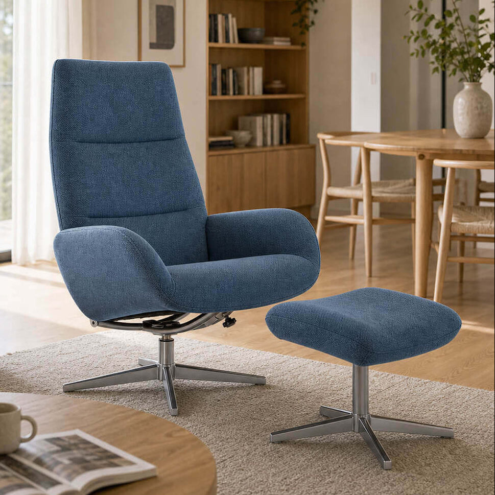 KEBE Ergo recliner chair and footstool in blue fabric in a modern Scandinavian living room