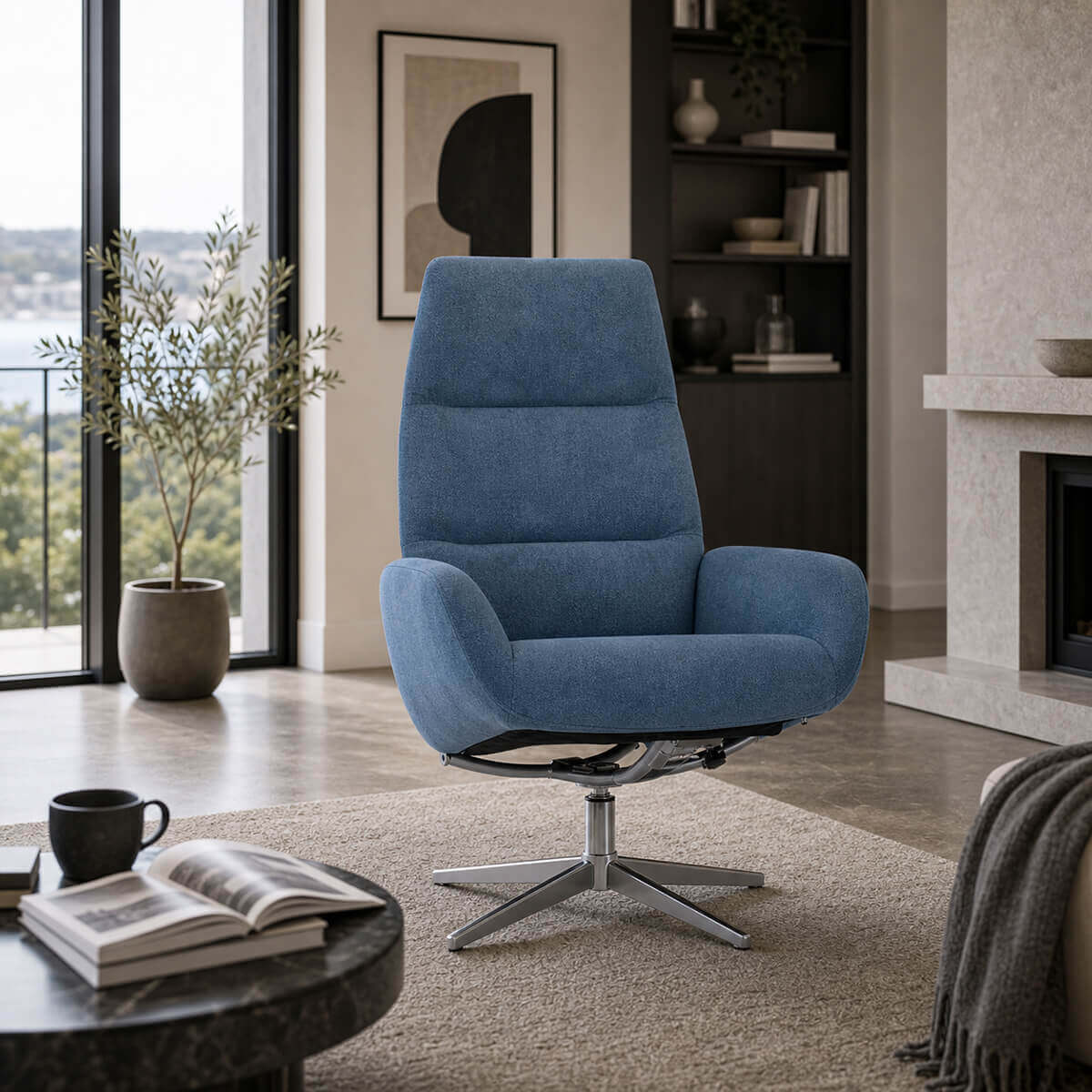 KEBE Ergo recliner chair in blue fabric with Scandinavian interior styling
