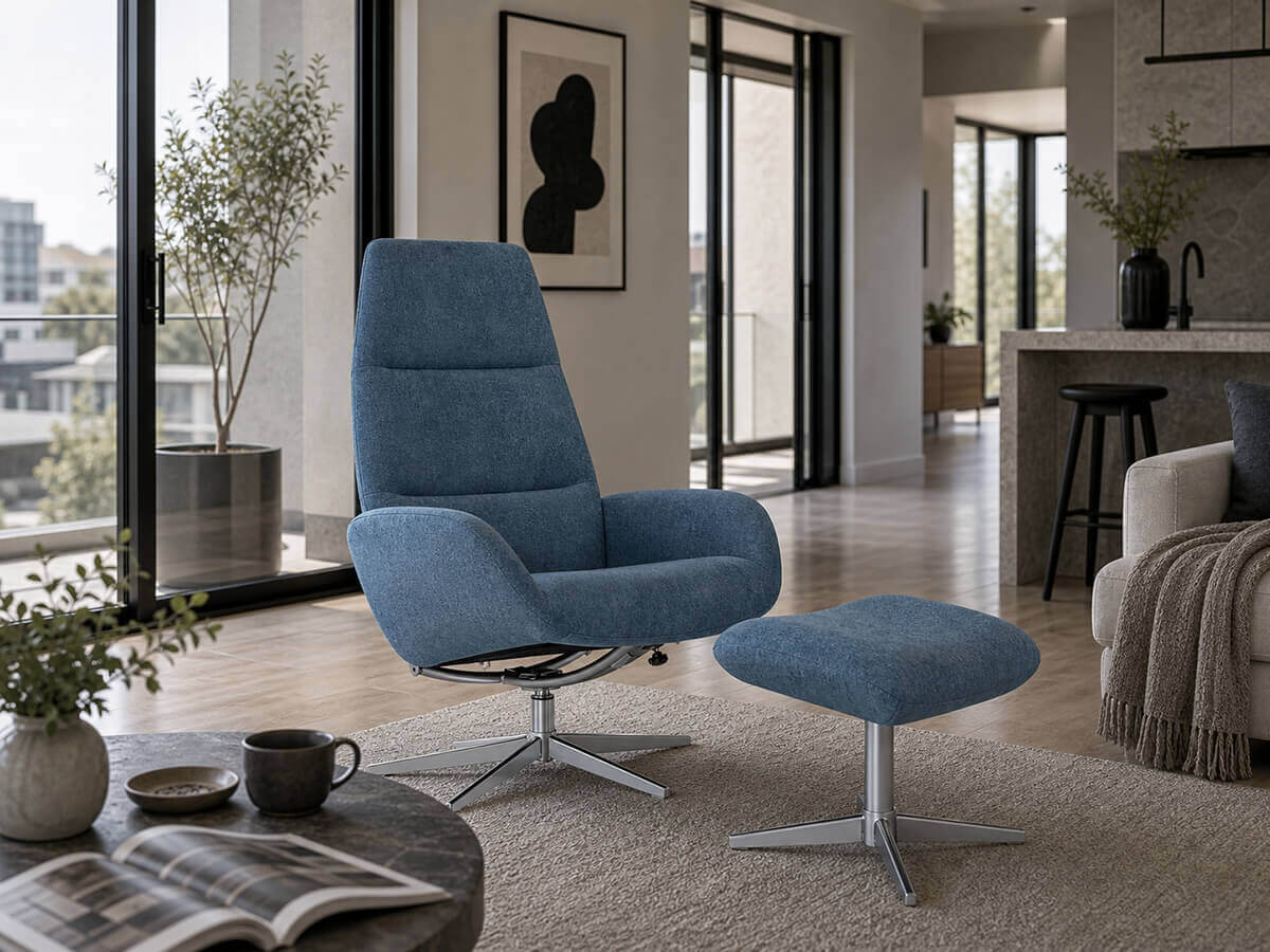 KEBE Ergo recliner chair with matching footstool in a contemporary living space
