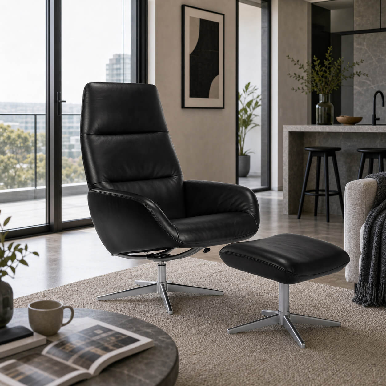 KEBE Ergo swivel recliner chair with matching footstool in a modern Australian home interior