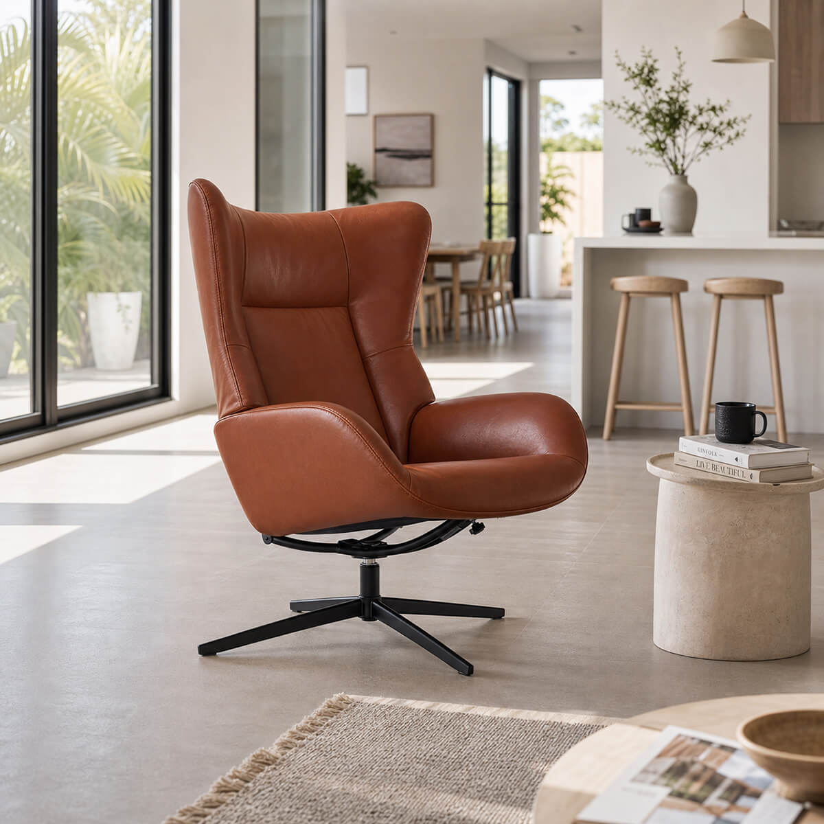 KEBE Fox recliner chair and footstool in a modern living room