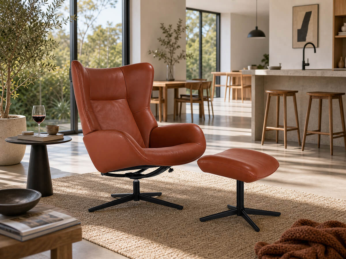 KEBE Fox recliner chair with footstool in a Scandinavian interior