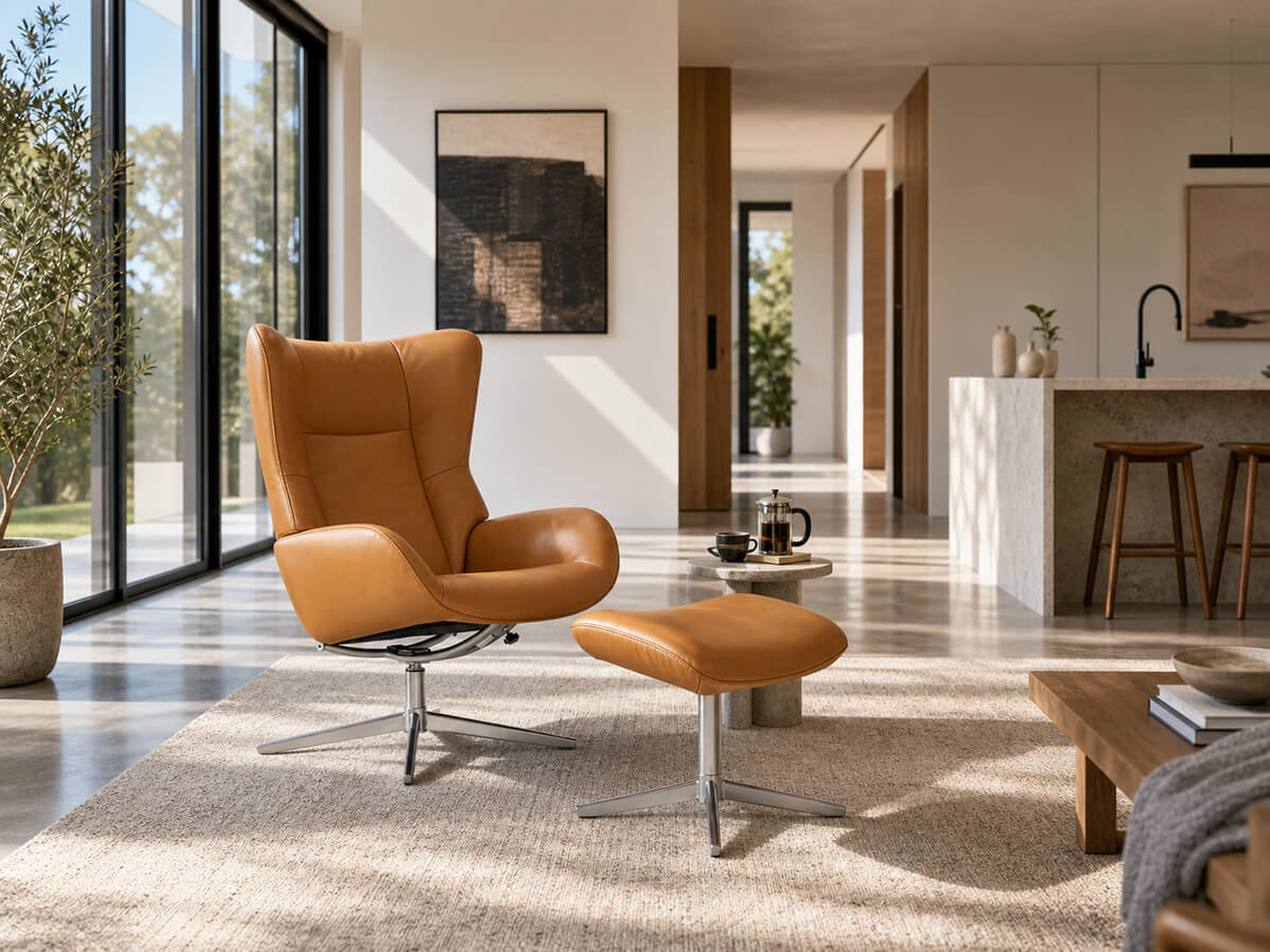 KEBE Fox recliner chair and footstool in an open-plan living room